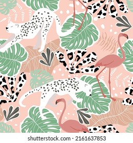 Seamless pattern with tropical exotic ornament with palm leaves, flamingos bird and leopard. Summer abstract animal print. Vector graphics.