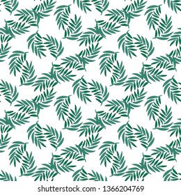 Seamless pattern with tropical exotical leaves. Light and dark green colors. Palm leaves. Print on white background. Vector illustration.