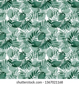 Seamless pattern with tropical exotical leaves. Light and dark green colors. Monstera, palm leaves, philodendron with overlay mode transparency.  Print on white background. Vector illustration.