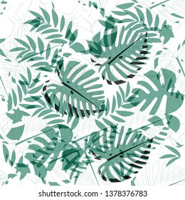 Seamless pattern with tropical exotical leaves. Light and dark green colors. Monstera, palm leaves  with overlay mode transparency. Leaf skeletons and full coloring leaves. Print on white background. 