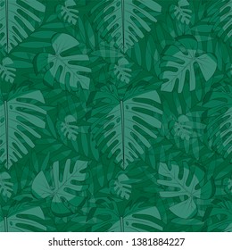 Seamless pattern with tropical exotical leaves. Green hues. Monstera, palm leaves. Print on white background. Vector illustration.
