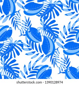 Seamless pattern with tropical exotical leaves. Light and dark blue colors. Monstera, palm leaves, philodendron. Print on white background. Vector illustration.
