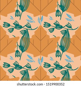 Seamless pattern with tropical exotical leaves. Brown Light and dark green colors.