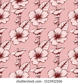 Seamless pattern tropical fabric design with vintage Hibiscus flowers on isolated pink pastel background.Vector illustration hand drawing line art.