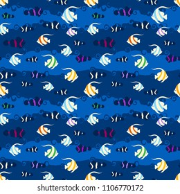 Seamless pattern with tropical fish. Anemone fish and  pennant fish background