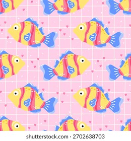 Seamless pattern with tropical fish and coral on pink background. Playful underwater design for kids textiles, wrapping paper, and summer beach themes.