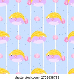 Seamless pattern with tropical fish and coral on lilac background. Playful underwater design for kids textiles, wrapping paper, and summer beach themes.