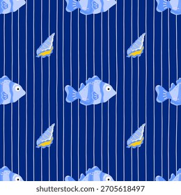 Seamless pattern with tropical fish and coral on blue background. Playful underwater design for kids textiles, wrapping paper, and summer beach themes.