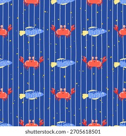 Seamless pattern with tropical fish and coral on blue background. Playful underwater design for kids textiles, wrapping paper, and summer beach themes.