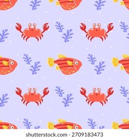 Seamless pattern with tropical fish and coral on lilac background. Playful underwater design for kids textiles, wrapping paper, and summer beach themes.