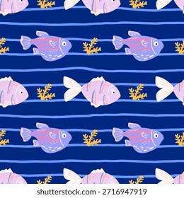 Patrón sin fisuras con peces tropicales y coral sobre fondo azul. Diseño submarino juguetón para textiles para niños, papel de regalo y temas de playa de verano.