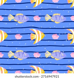 Patrón sin fisuras con peces tropicales y coral sobre fondo azul. Diseño submarino juguetón para textiles para niños, papel de regalo y temas de playa de verano.