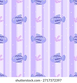 Patrón sin fisuras con peces tropicales y coral sobre fondo lila. Diseño submarino juguetón para textiles para niños, papel de regalo y temas de playa de verano.
