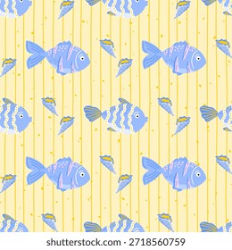 Patrón sin fisuras con peces tropicales y coral sobre fondo amarillo. Diseño submarino juguetón para textiles para niños, papel de regalo y temas de playa de verano.