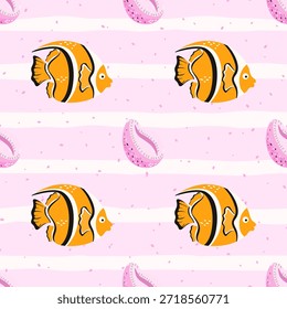 Patrón sin fisuras con peces tropicales y coral sobre fondo rosa. Diseño submarino juguetón para textiles para niños, papel de regalo y temas de playa de verano.