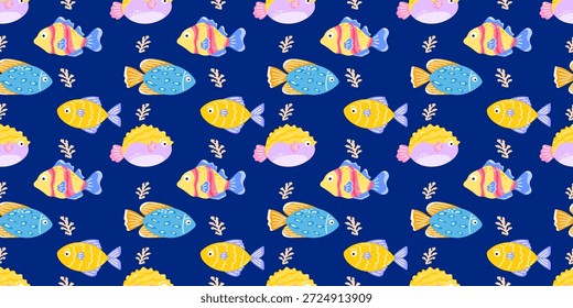 Patrón sin fisuras con peces tropicales y coral sobre fondo azul. Diseño submarino juguetón para textiles para niños, papel de regalo y temas de playa de verano.