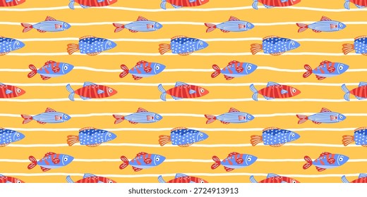 Patrón sin fisuras con peces tropicales y coral sobre fondo amarillo. Diseño submarino juguetón para textiles para niños, papel de regalo y temas de playa de verano.