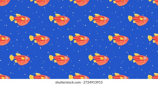 Patrón sin fisuras con peces tropicales y coral sobre fondo azul. Diseño submarino juguetón para textiles para niños, papel de regalo y temas de playa de verano.