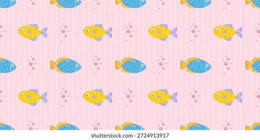 Patrón sin fisuras con peces tropicales y coral sobre fondo rosa. Diseño submarino juguetón para textiles para niños, papel de regalo y temas de playa de verano.