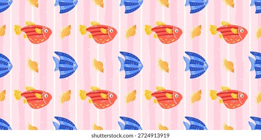 Patrón sin fisuras con peces tropicales y coral sobre fondo rosa. Diseño submarino juguetón para textiles para niños, papel de regalo y temas de playa de verano.