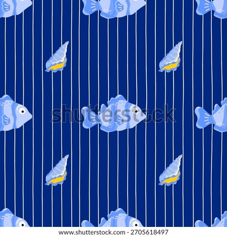Seamless pattern with tropical fish and coral on blue background. Playful underwater design for kids textiles, wrapping paper, and summer beach themes.