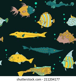 Seamless pattern with tropical fish, hand drawn vector illustration