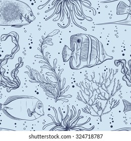 Seamless pattern with tropical fish, marine plants and seaweed. Vintage hand drawn vector illustration marine life. Design for summer beach, decorations,print,pattern fill, web surface background