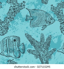 Seamless pattern with tropical fish, marine plants and corals. Vintage hand drawn vector illustration marine life. Design for summer beach, decorations,print,pattern fill, web surface background