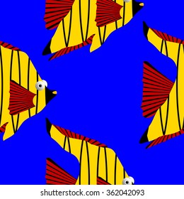 Seamless pattern tropical fish on blue background. Vector illustration.