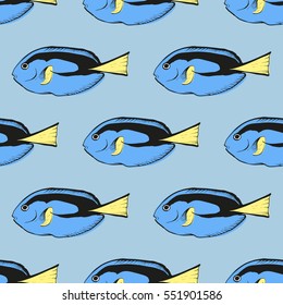 Seamless pattern with tropical fish Paracanthurus on blue background. Vector illustration