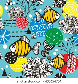 Seamless pattern with tropical fish in the sea. Vector background.