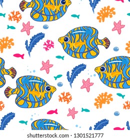 seamless pattern, tropical fish, seaweed, vector illustration