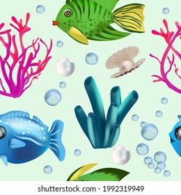 Patrón sin foco con peces tropicales, algas, concha, corales, patrón perla con mundo submarino para su diseño. Ilustración del vector