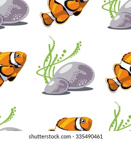 Seamless pattern with tropical fish stones and seaweed at the bottom of the sea. Vector  illustration