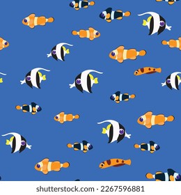 Nahtlose Muster tropischer Fische schwimmen unter Wasser. Muster für Textilien im Cartoon-Stil.