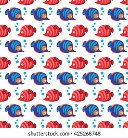 Seamless pattern with tropical fishes and bubbles on white background. Vector illustration.