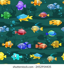 Seamless pattern Tropical fishes cartoon. Cute funny underwater characters