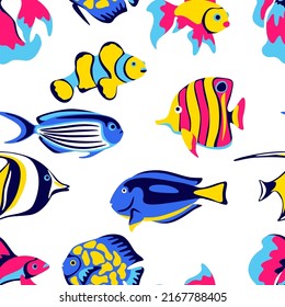 Seamless pattern with tropical fishes. Marine life aquarium and sea animals.