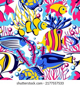 Seamless pattern with tropical fishes. Marine life aquarium and sea animals.