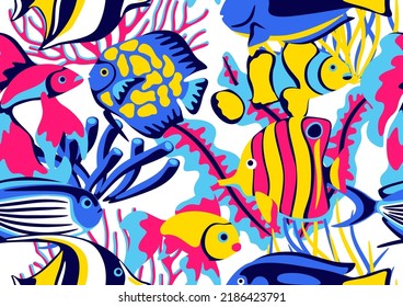 Seamless pattern with tropical fishes. Marine life aquarium and sea animals.