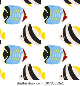 Seamless pattern with tropical fishes on white background. Vector illustration