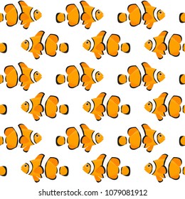 Seamless pattern with tropical fishes on white background. Vector illustration. 