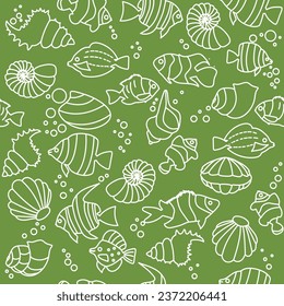 Seamless pattern Tropical fishes, seashell lineart style. Cute funny underwater characters