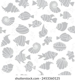 Seamless pattern Tropical fishes, shell halftone dots silhouette style