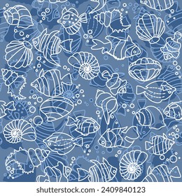 Seamless pattern Tropical fishes, shells lineart style. Cute funny underwater characters
