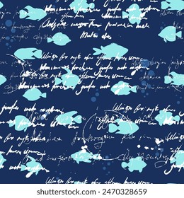 Seamless pattern Tropical fishes silhouette style, unreadable text, handwritten text