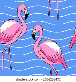 seamless pattern with tropical flamingo birds on sunset background.