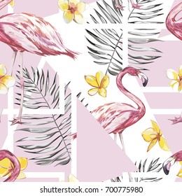 Seamless pattern with tropical Flamingo and flowers. Element for design of invitations, movie posters, fabrics and other objects. Isolated on white. Geometry set. Vector EPS 10