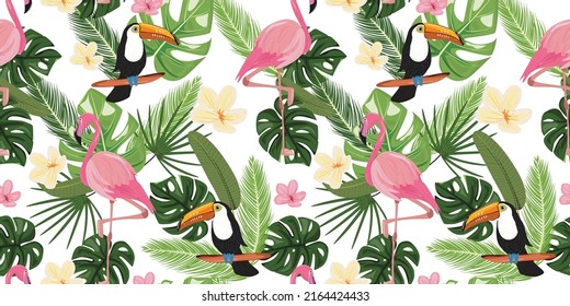 Seamless pattern with tropical flamingo and toucan on leaves. Tropical background. 