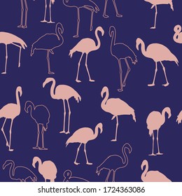 Patrón sin foco con flamencos tropicales en un fondo azul. Papel tapiz, textiles, papel envolvente, páginas web y otra decoración. Ilustración vectorial.